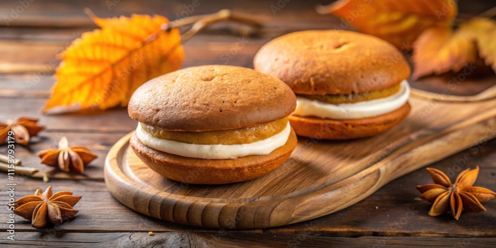 Homemade Pumpkin Spice Whoopie Pies with Cream Cheese Filling on Wooden Cutting Board with Autumn Leaves and Star Anise Homemade Pumpkin Spice Whoopie Pies with Cream Cheese Filling on Wooden Cutting Board with Autumn Leaves and Star Anise