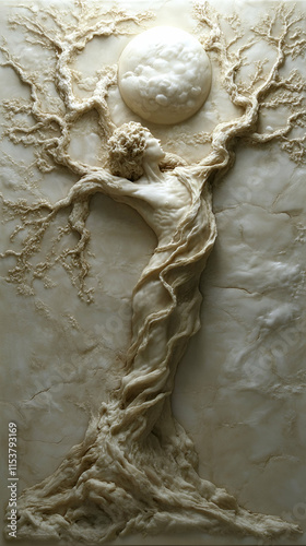 Serene Figure Embraces Moonlit Tree, Celestial Dance of Nature's Embrace Under Night Sky