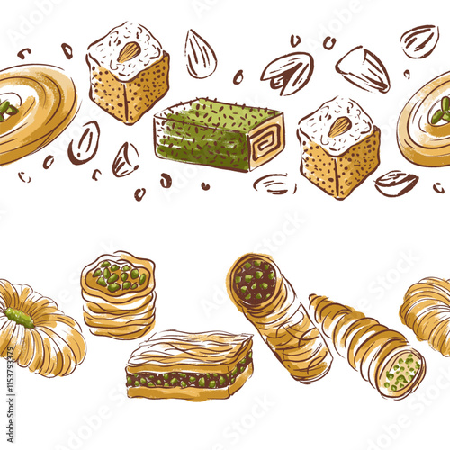 Arabic Sweets Vector Seamless Borders Set