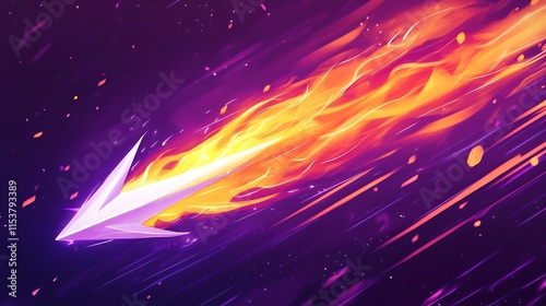 An abstract glowing sports logo with a radiant orange flame and a sleek white arrow, symbolizing speed and energy on a neon purple backdrop photo