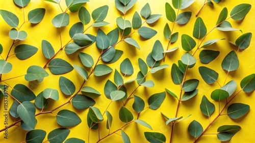 A vibrant composition of eucalyptus leaves arranged symmetrically on a bright yellow background, showcasing nature's intricate details and harmonious patterns. photo