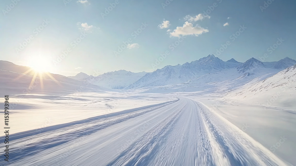 snow mountains background and snow road with tire tracks snow mountains background and snow road with tire tracks