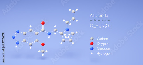 alizapride molecule, molecular structure, antiemetic agent, 3d model, Structural Chemical Formula and Atoms with Color Coding photo