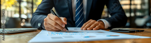 Businessperson Analyzing Financial Charts, Graphs, and Data with Pen