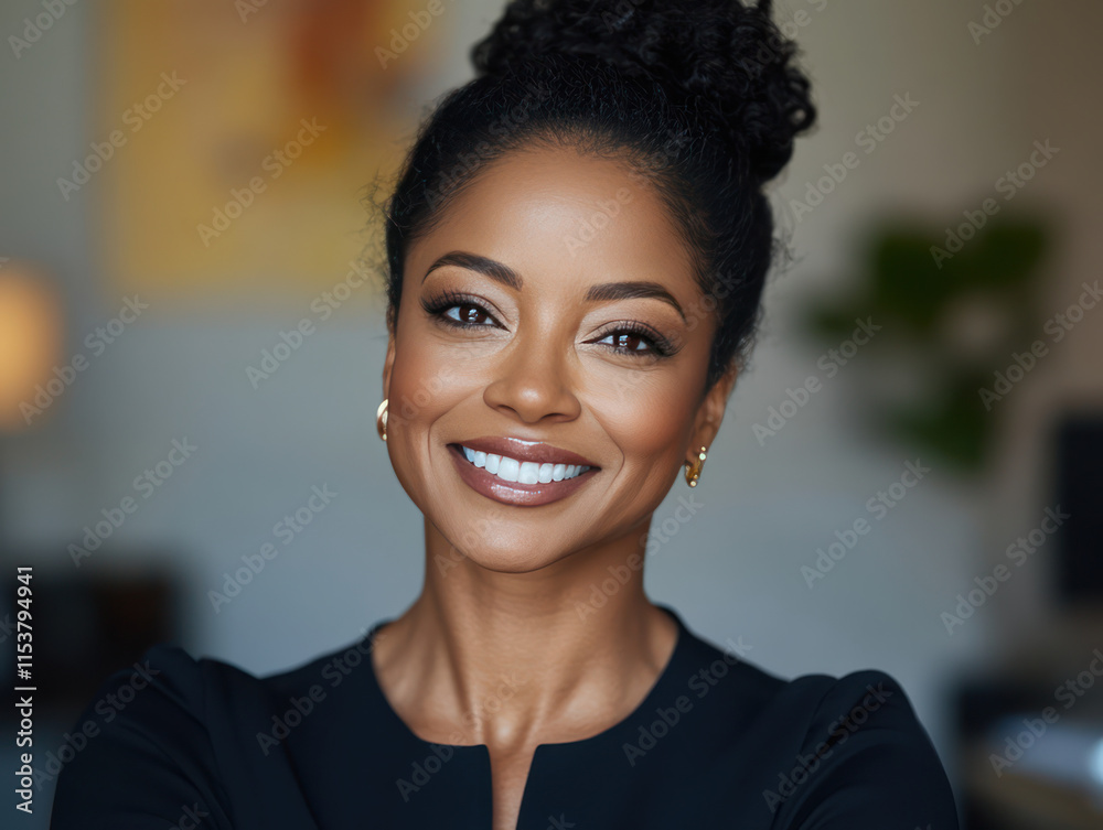 confident woman with curly hair smiles warmly in professional office setting, showcasing positive and approachable demeanor confident woman with curly hair smiles warmly in professional office setting, showcasing positive and approachable demeanor