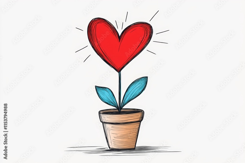 A charming hand-drawn illustration of a heart-shaped flower growing from a small pot, sketched in simple lines and soft pastel colors A charming hand-drawn illustration of a heart-shaped flower growing from a small pot, sketched in simple lines and soft pastel colors