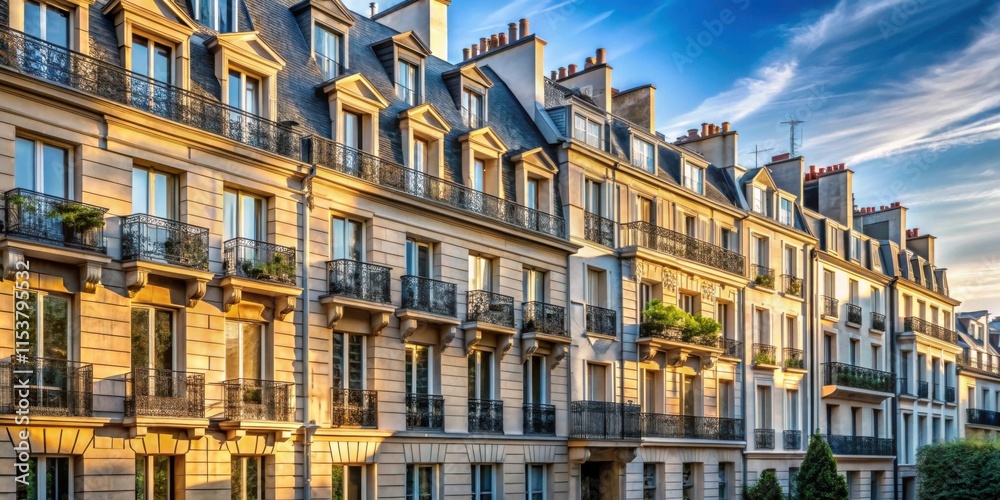 Fototapeta premium A row of classic Parisian apartment buildings with intricate wrought iron balconies bathed in the warm glow of the setting sun