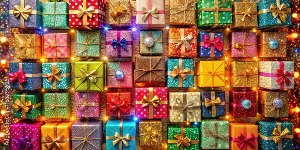 A Festive Arrangement of Wrapped Gifts Decorated with Glitter and Ribbons, Illuminated by Sparkling Fairy Lights A Festive Arrangement of Wrapped Gifts Decorated with Glitter and Ribbons, Illuminated by Sparkling Fairy Lights