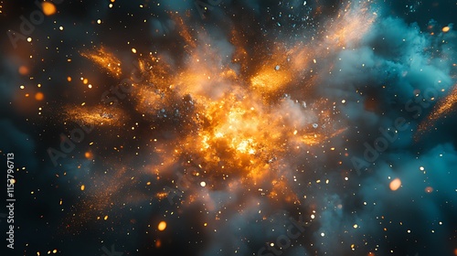 Dramatic Explosion with Teal and Gold Layers Accompanied by Glowing Smoke Trails and Fiery Embers