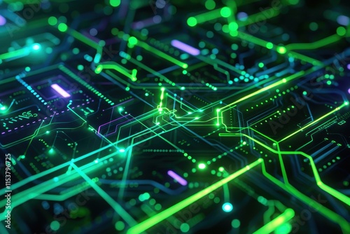 Abstract Green Circuit Board with Illuminated Lines