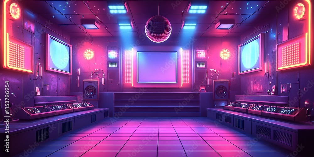 Neon-lit dance studio features vibrant colors and disco lights for a lively atmosphere in the evening Neon-lit dance studio features vibrant colors and disco lights for a lively atmosphere in the evening