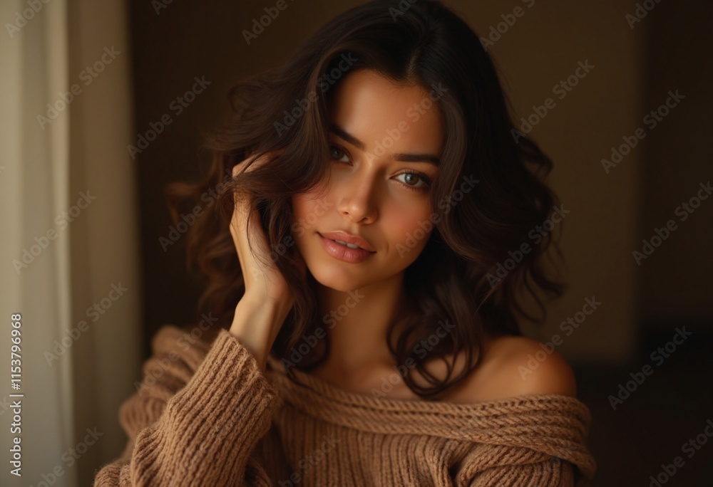A woman with wavy dark brown hair, wearing an off-shoulder oversized brown knit sweater A woman with wavy dark brown hair, wearing an off-shoulder oversized brown knit sweater