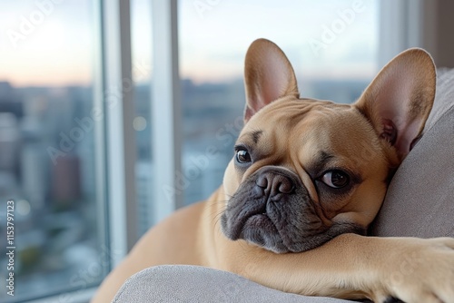 A close-up portrait of a relaxed French Bulldog resting with its eyes half-closed, showcasing its peaceful expression against a serene city backdrop at dusk. photo