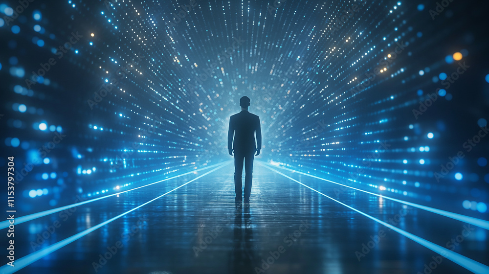 Man walking in illuminated digital corridor, depicting advanced technology. Man walking in illuminated digital corridor, depicting advanced technology.