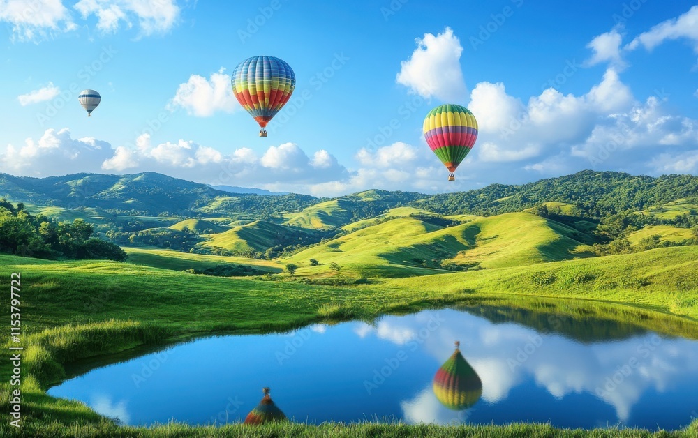 Naklejka premium A serene landscape of lush green hills and meadows with colorful hot air balloons floating in the clear blue sky above, a small pond reflecting the vibrant scene in the foreground. 