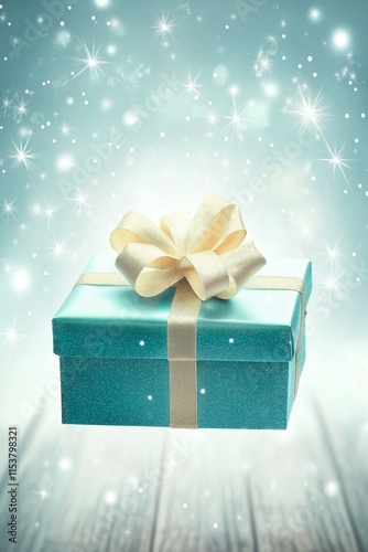 Stunning gift box adorned with a gold ribbon, floating against a dreamy, sparkling background. Christmas and New Year festive concept with copy space.