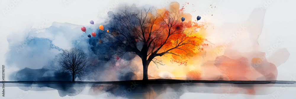 Fototapeta premium Dual Tree Watercolor, Balloons Drift Across Autumnal and Winter Skies, Reflecting on Tranquil Waters.