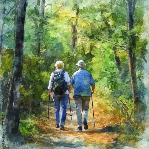 Wallpaper Mural Nature hiking, seniors trekking along a forest trail, vibrant greenery, watercolor style Torontodigital.ca