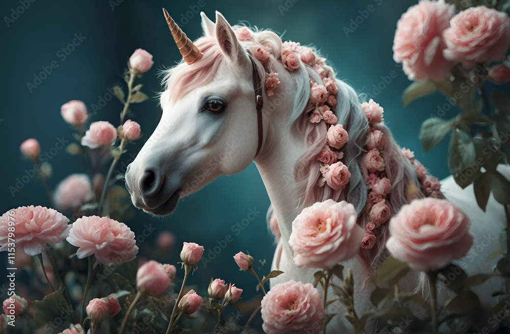 adorable white Unicorn with pink flowers around mystical night blue background with beautiful soft pink roses. Digital artwork. Ai generated