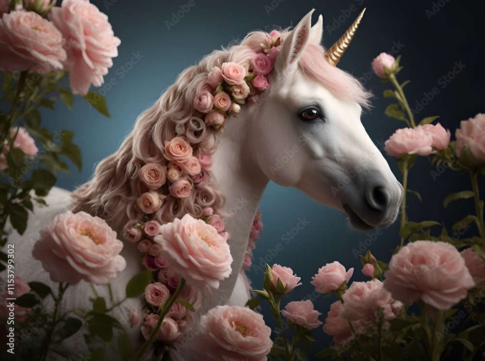adorable outstanding white Unicorn with pink flowers around blue background with beautiful soft pink roses. Digital artwork. Ai generated