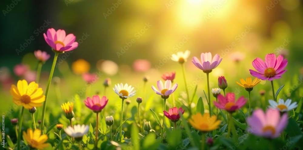 Obraz premium Sunlight filtering through petals of wildflowers in a lush meadow, blooms, natural