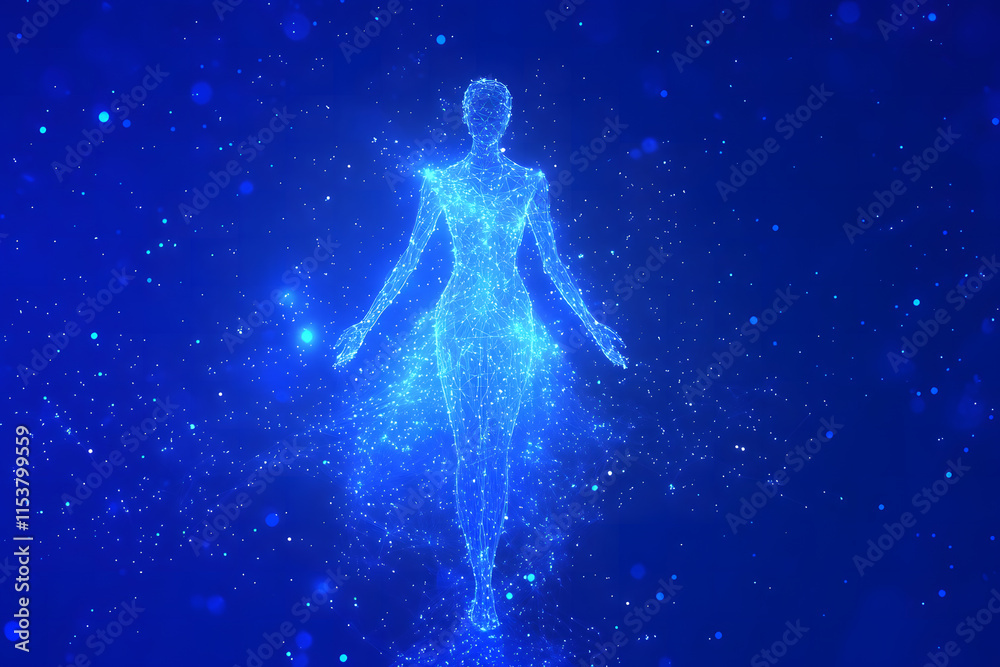 Fototapeta premium Futuristic Woman Silhouette with Glowing Particles and Digital Network Dress – Abstract Technology Concept