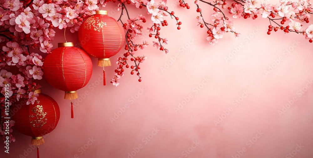Obraz premium Vibrant red lanterns and cherry blossoms create a serene, festive atmosphere ideal for Chinese New Year, cultural celebrations, and joyful events with ample design space.