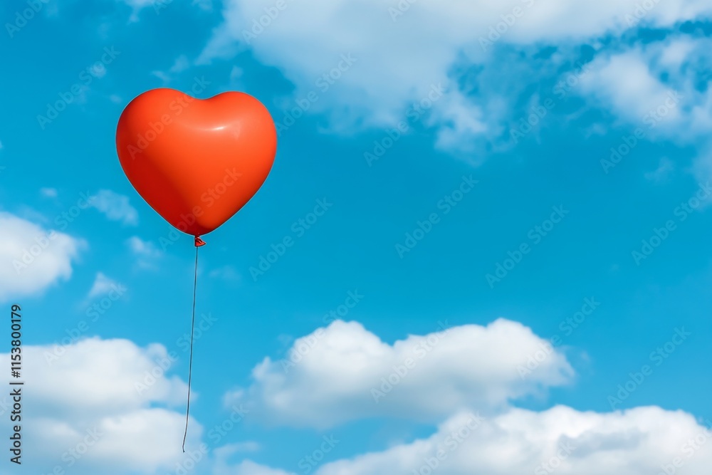 A detailed image of a bright red heart-shaped balloon floating in the sky, surrounded by fluffy clouds A detailed image of a bright red heart-shaped balloon floating in the sky, surrounded by fluffy clouds