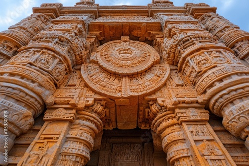 A detailed HDR image of an ancient temple illuminated by golden-hour sunlight, with intricate carvings and sharp shadow contrasts