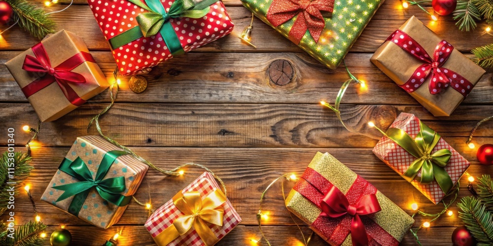 A festive arrangement of wrapped gifts adorned with colorful ribbons and bows, illuminated by warm string lights, on a rustic wooden surface. A festive arrangement of wrapped gifts adorned with colorful ribbons and bows, illuminated by warm string lights, on a rustic wooden surface.