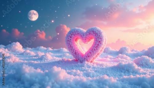 Pastel heart in snowy landscape with moon above, cloud, serene