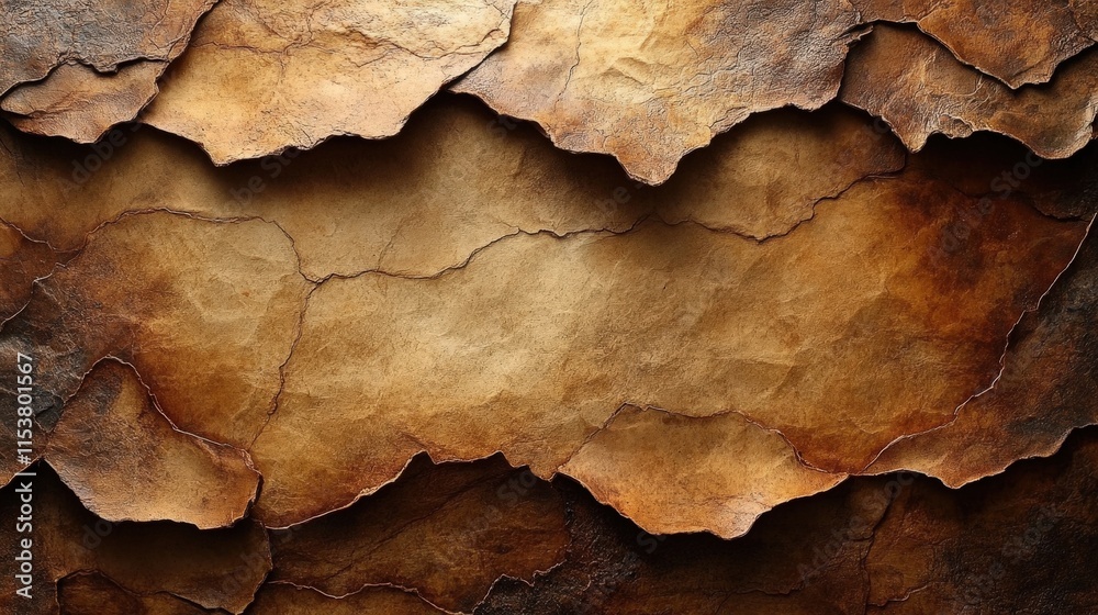 Abstract textured background of layered, aged, brown paper with cracks and crevices. Abstract textured background of layered, aged, brown paper with cracks and crevices.