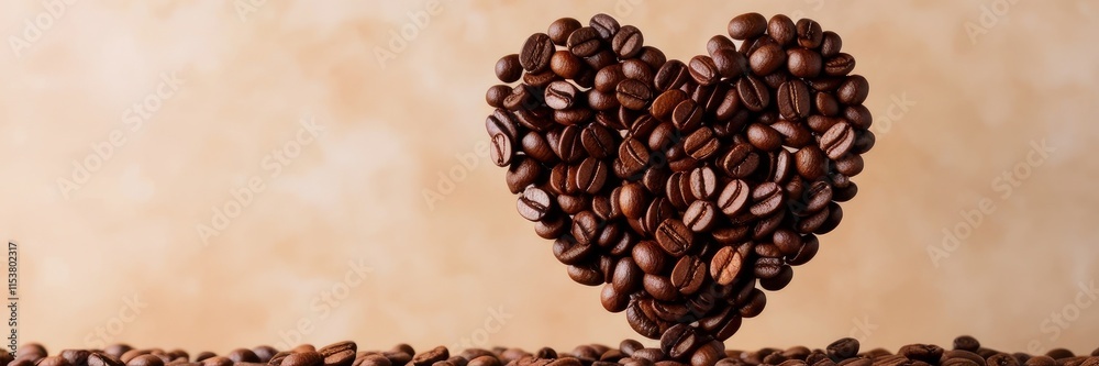 Fototapeta premium Heart made of coffee beans, place for inscription, coffee, roasted grain, brown, heart, bean, cafe, beans, drink, caffeine, love, roasted, symbol. copy space banner