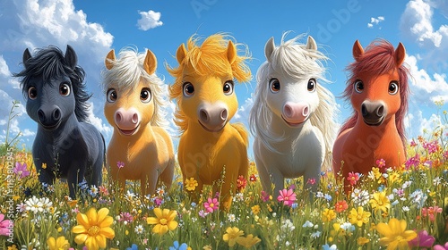 Five cartoon ponies in a colorful field. photo