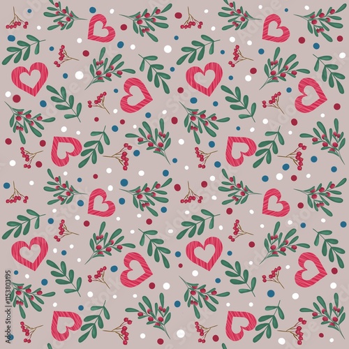 Seamless pattern design with hearts and mistletoe on beige background