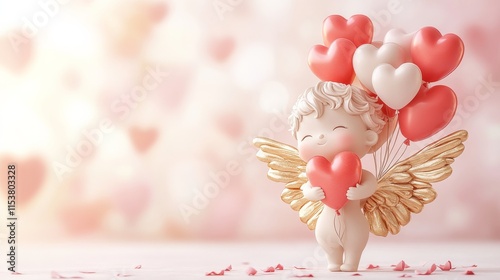 Cute cupid figurine holding heart balloons symbolizing love, romance, and Valentine's Day celebration