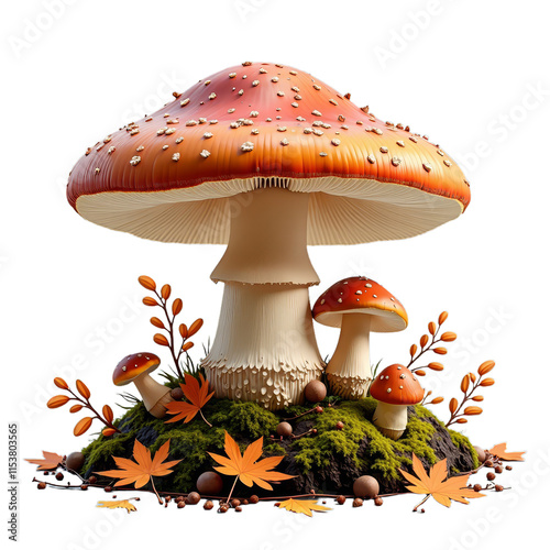 Autumn scene featuring mushrooms on a leafy base with maple leaves and berries photo