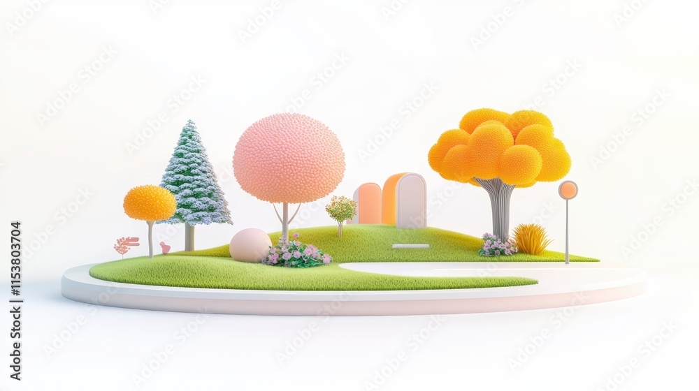 A whimsical miniature landscape featuring colorful trees, grass, and playful elements, creating a vibrant and serene scene. A whimsical miniature landscape featuring colorful trees, grass, and playful elements, creating a vibrant and serene scene.