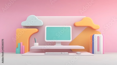 A colorful, modern workspace featuring a computer, decorative clouds, and books, set against a soft pink background.