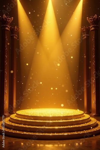 Glittering golden stage with luxurious gold light streaks and spotlights, gold, particles, ceremony