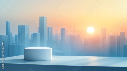 Minimalist round podium with modern city skyline at sunrise symbolizing urban growth, innovation, and futuristic concepts photo