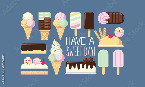 Ice Cream Set Cartoon Cute Style Vector Illustration, easily editable.