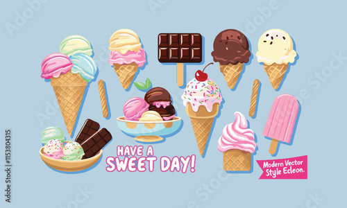 Ice Cream Set Cartoon Cute Style Vector Illustration, easily editable.