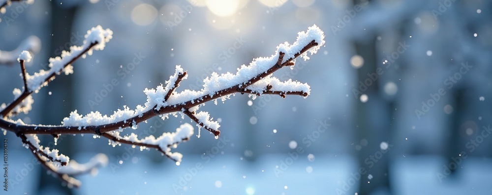 Delicate snowflakes cling to frosty tree twigs, wintery scene, winter landscape Delicate snowflakes cling to frosty tree twigs, wintery scene, winter landscape