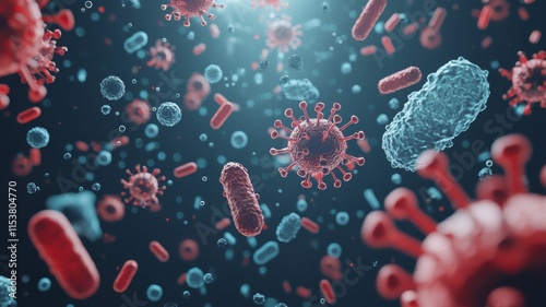 Close-up view of various bacteria and viruses in a dark setting.