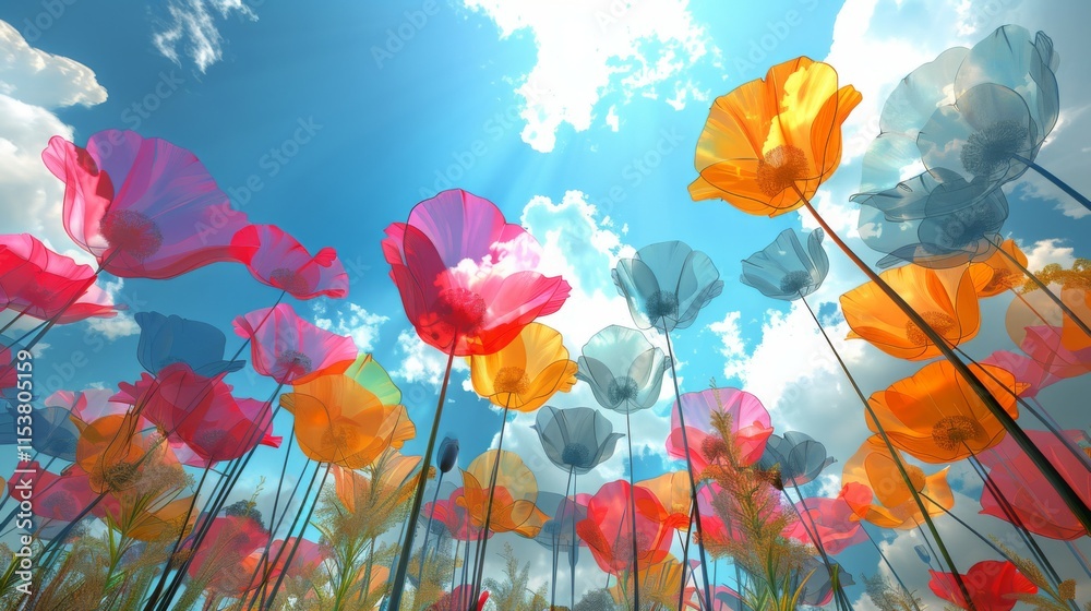 Fototapeta premium A field of colorful flowers with a blue sky in the background