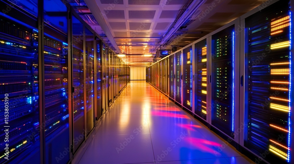 Fototapeta premium A modern data center illustrating robust cloud hosting infrastructure, with glowing server racks in a pristine environment