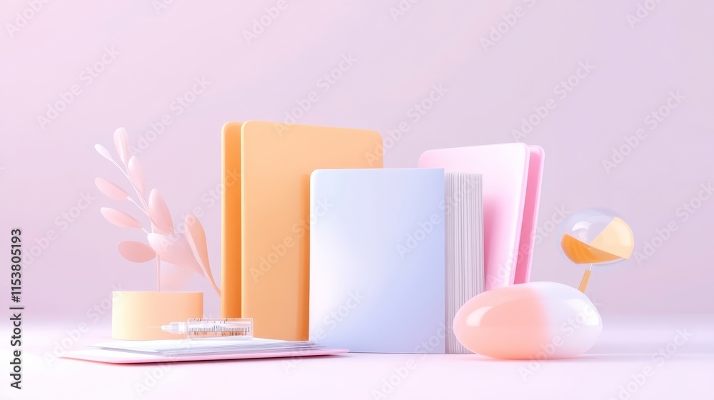 A vibrant arrangement of pastel notebooks, decorative objects, and soft colors against a pink backdrop, creating a serene and aesthetic workspace vibe. A vibrant arrangement of pastel notebooks, decorative objects, and soft colors against a pink backdrop, creating a serene and aesthetic workspace vibe.