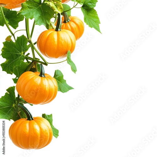 Orange pumpkins with green leaves on a white isolated background. photo