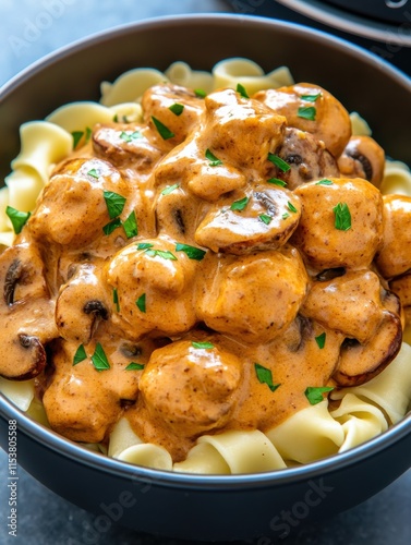 Delicious creamy mushroom stroganoff over egg noodles home kitchen food cozy environment close-up view comfort food concept photo